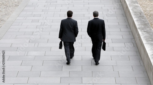 Two professionals walking together on a paved pathway for collaboration and networking.