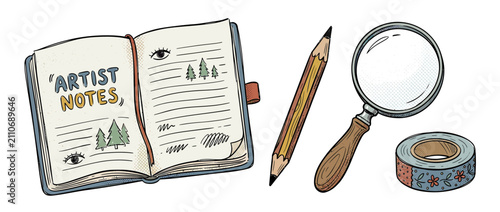 Doodle Art Supplies: Notebook, Pencil, Magnifier, Tape