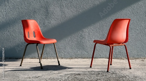 Two vibrant red chairs against a textured wall, creating a striking visual contrast.