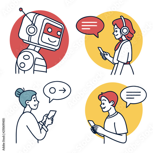 Illustration of people using smartphones and communicating with a robot through speech bubbles illustration smartphone communication technology headphones conversation interaction