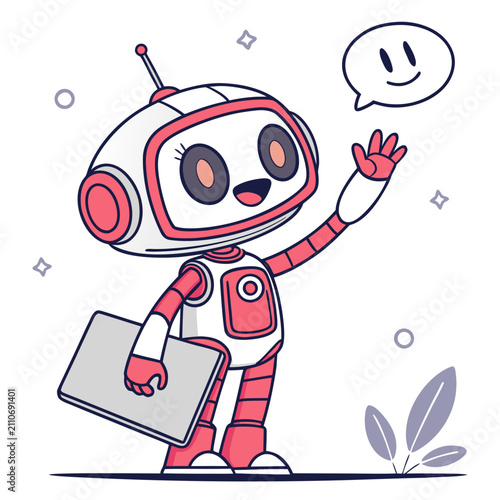 Friendly robot waving hello with a happy smiley face speech bubble friendly character technology communication artificial intelligence robotics illustration greeting innovation