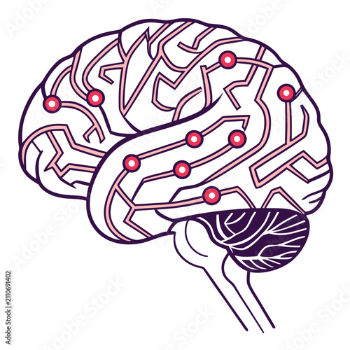 Illustration of a human brain with circuit board design and red dots illustration technology thinking intelligence cognition learning neuroscience psychology artificial networks