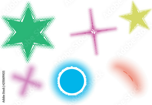 Set of abstract halftone shapes featuring green star pink cross yellow star blue circle and orange curved shape isolated on white background
