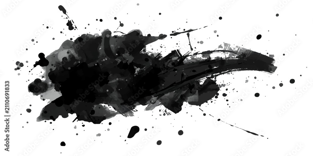 Fototapeta premium Black Ink Splat Grunge Background with Abstract Paint Splashes, Liquid Drips, Dirty Stains, Brush Texture and Vector Illustration Design Element.