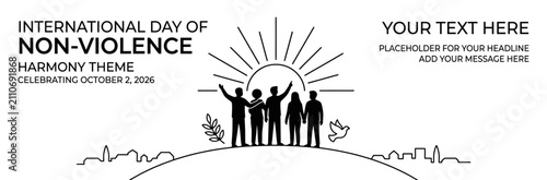 Foto Minimalist Peace and Harmony Banner with People Silhouettes and Sunrise