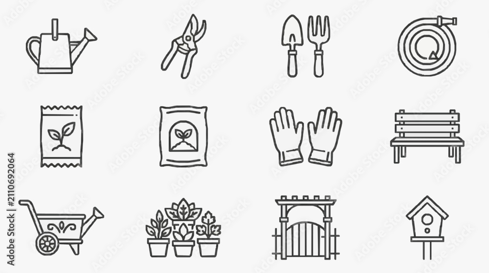 Obraz premium Dynamic Black and White Line Set of Gardening and Outdoor Tools Accessories and Elements with high quality professional line art symbols for modern creative design and digital branding projects