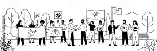 Diverse community group advocating for peace and non-violence in park line art