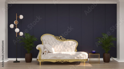 Fotografie Elegant victorian chaise lounge featuring gold trim against contemporary dark na