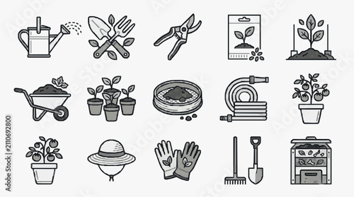 Clean Black and White Line Drawing Set of Gardening Tools Plants and Accessories for Plant Care Guide