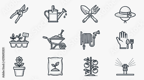 Creative Black and White Line Drawing Set of Gardening Tools Plants and Accessories for SEO and Content Use