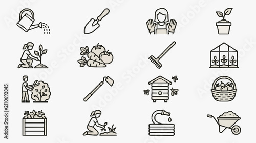 Elegant Monochromatic Line Art Illustrations of Gardening Tools Plants and Activities in Black and White