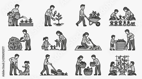 Sleek Black and White Illustrations of Diverse Families Engaged in Various Gardening Activities and Tasks