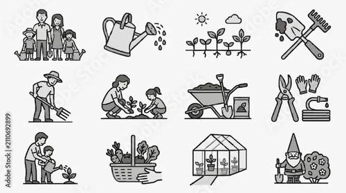 Dynamic Black and White Illustrations of Family Gardening Activities and Tools with high quality professional line art symbols for modern creative design and digital branding projects