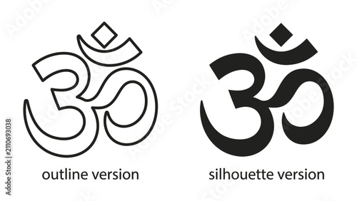 Foto Om Symbol Variations: Two distinct representations of the Om symbol, one in an outline style and the other as a solid silhouette, showcasing this sacred spiritual icon