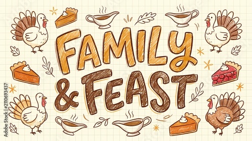 Family and feast text is surrounded by hand-drawn illustrations of roasted turkeys and slices of pie.
