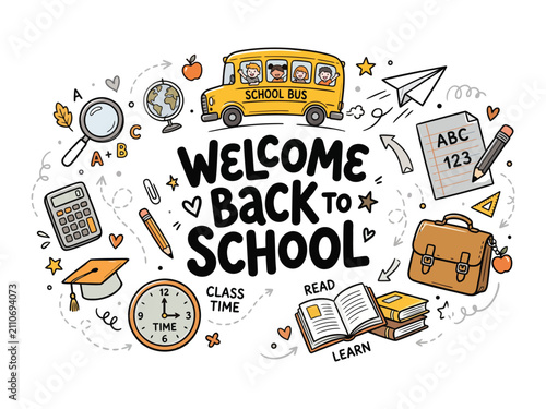 Hand drawn welcome back to school vector banner, cute doodle school bus and education supplies illustration, playful classroom learning background