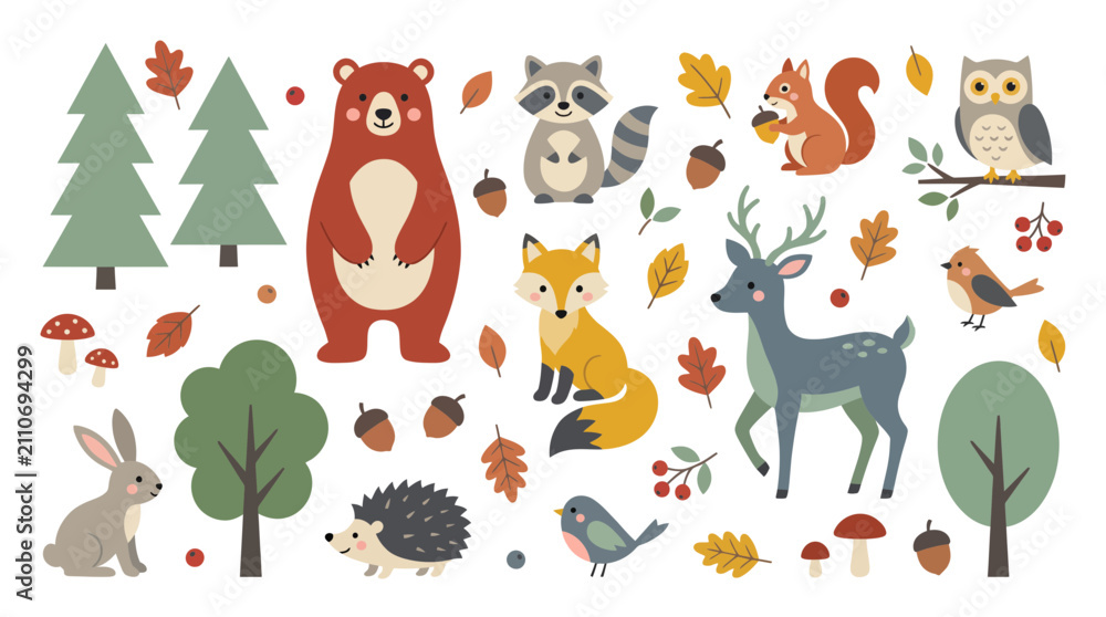 Obraz premium Cute forest woodland animals clip art set featuring bear fox deer raccoon owl rabbit squirrel hedgehog and autumn trees, illustrating nursery wall decor and children book design