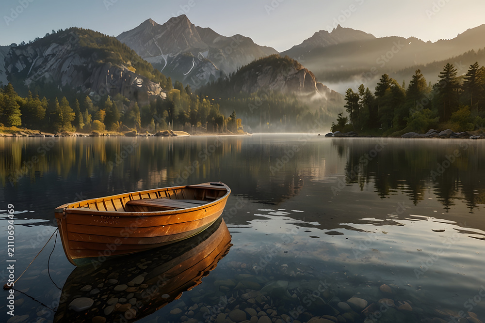 Obraz premium Weathered Wooden Rowboat Beside Crystal Clear Mountain River