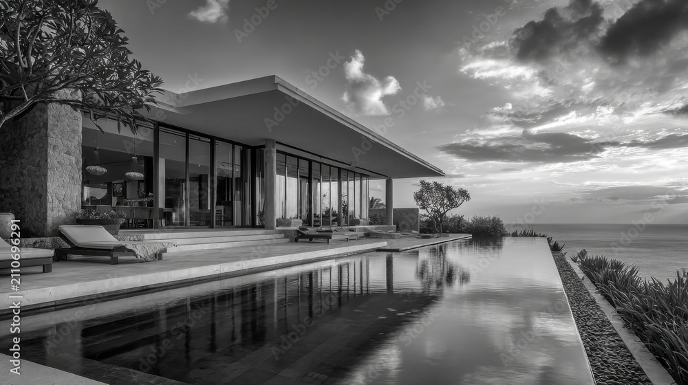 Obraz premium imagine A modern luxury villa perched on the cliffs of Uluwatu, Bali. Sleek minimalist architecture with clean lines and floor-to-ceiling glass walls 