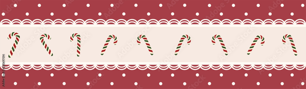 Obraz premium Christmas Candy Cane Border Banner with Burgundy Polka Dot Background and Lace Trim