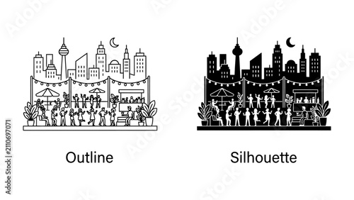 фотографія City Fair Celebration: Vibrant outline and silhouette illustrations depict a bustling city fair, complete with market stalls, festive decorations