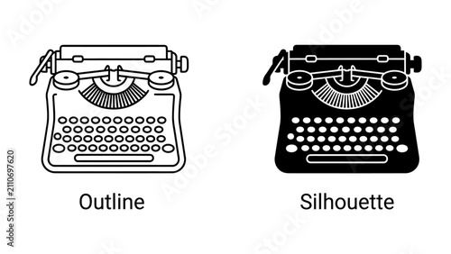 Obraz na płótnie Vintage Typewriter Outline and Silhouette: A classic typewriter presented in both outline and silhouette forms, evoking a sense of nostalgia and the art of writing