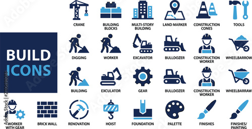 Construction and build vector icons set with crane worker excavator bulldozer tools foundation brick wall isolated