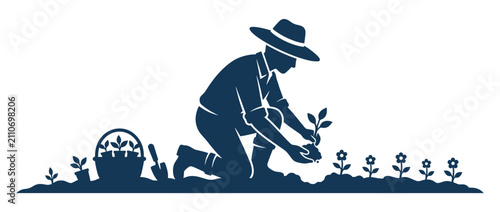 Canvastavla Farmer planting seedlings in a garden, silhouette