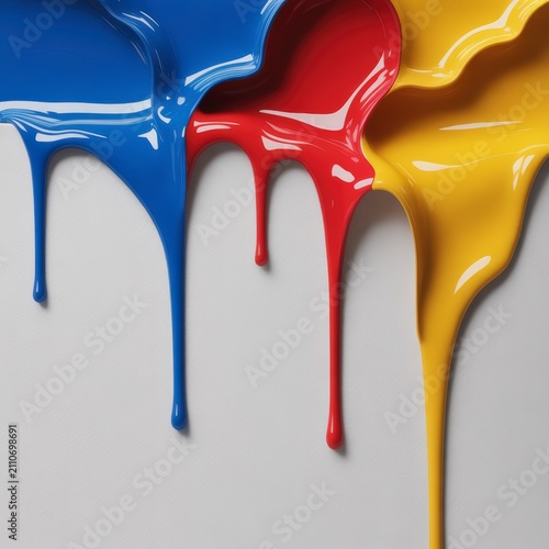 Primary colors of glossy paint in vibrant blue, red, and yellow dripping creating an artistic liquid flow
