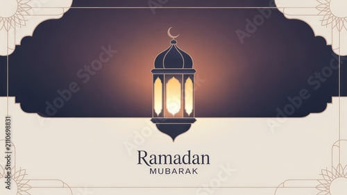 Ramadan Mubarak greeting card design featuring a glowing traditional Arabic lantern with crescent moon on a dark setting