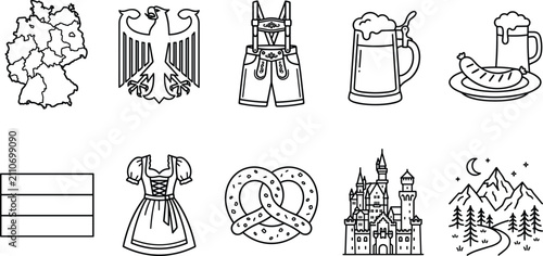 Fotografie Set of traditional Germany culture line icons featuring bavarian lederhosen dirn