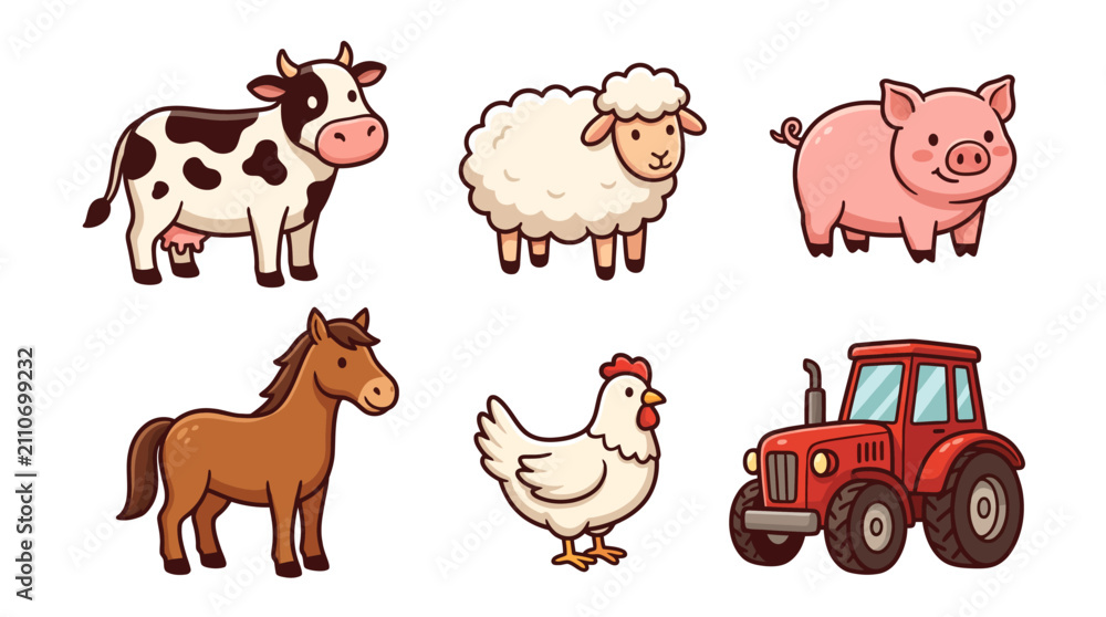 Fototapeta premium Collection of Farm Animals Including Cow Sheep Pig Horse Chicken and Tractor.
