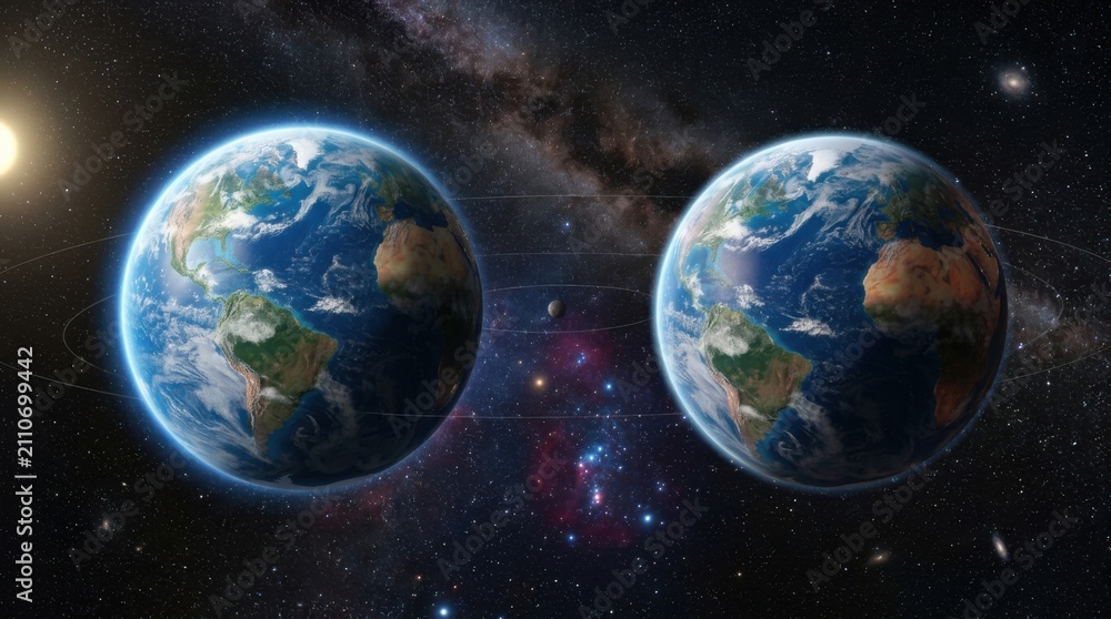 Fototapeta premium Parallel Earth Concept With Two Identical Blue Planets in Space