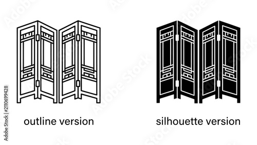 Traditional Folding Screen Icon: A set of two folding screen icons, one in outline and the other in silhouette, depicting ornate, multi-panel dividers with intricate patterns.