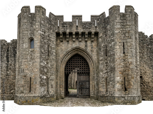 Medieval castle gatehouse with portcullis isolated on transparent background. Great for fantasy and historical.