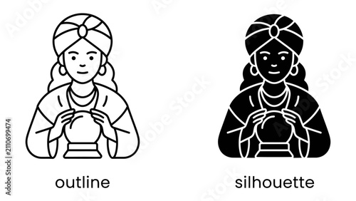 Fotografie Fortune Teller Crystal Ball: Two stylized icons, one outlined and one silhouetted, depict a fortune teller holding a crystal ball, representing divination and mysticism