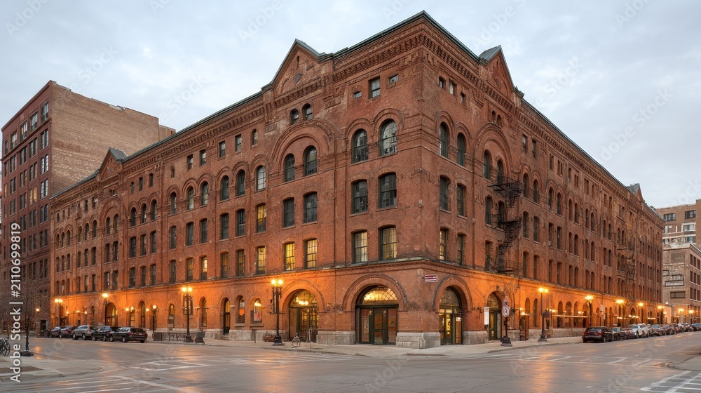 Obraz premium Iconic Red Brick Corner Building Illuminated by Warm Streetlights at Urban Dusk