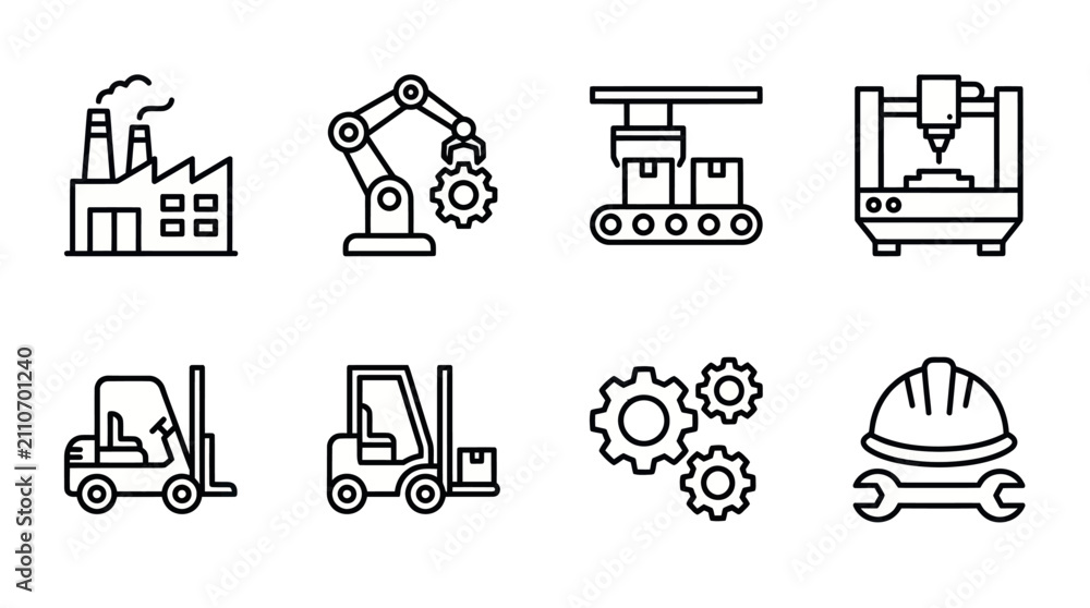 Fototapeta premium Industrial manufacturing and logistics automation line icons.