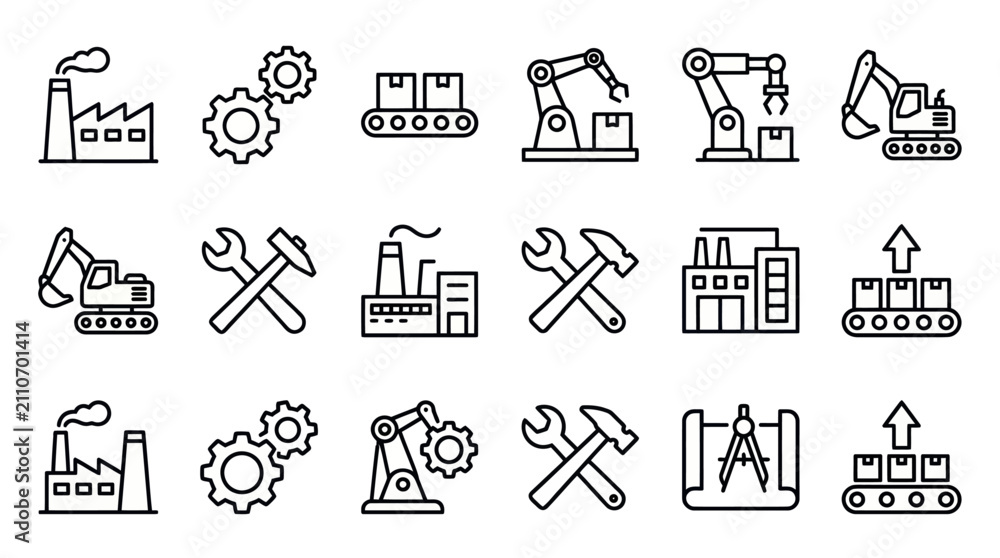 Fototapeta premium Industrial manufacturing and robotic factory line icon set.