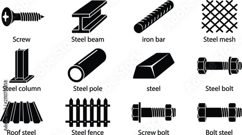 Bild auf Leinwand Industrial construction metallurgy materials black silhouette icons set with bea