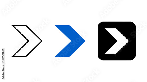 A set of three distinct chevron arrow icons displaying outline, filled blue, and negative space variations inside a rounded square