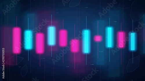 Abstract Digital Financial Candlestick Chart with Glowing Blue and Pink Bars on Dark Background