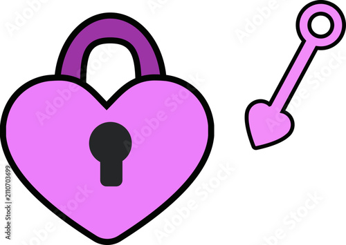 Cute Heart-shaped Padlock and Key Vector Icon