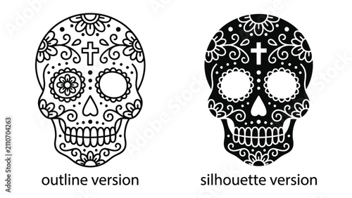 Картината върху платно Sugar Skull Design: Intricately decorated sugar skull illustrations, presented in both outline and silhouette versions, showcasing cultural artistry and symbolic motifs