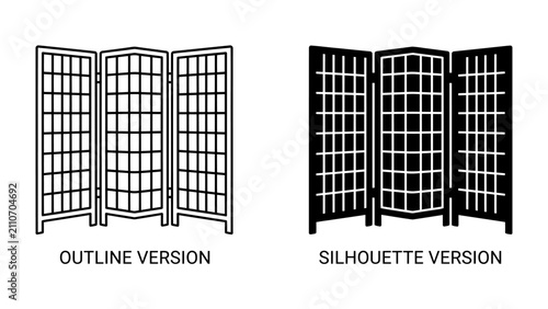 Folding Screen Variations: A graphic design showing two versions of a folding screen: an outline version and a silhouette version, perfect for interior design concepts.
