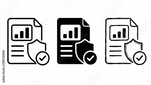 Document security icons: three styles of protective file symbols with graphs and checks