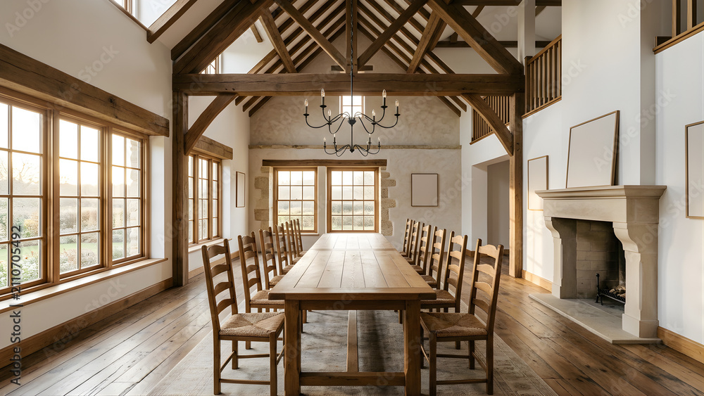 Fototapeta premium Spacious rustic farmhouse dining room with wooden table and fireplace