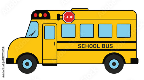 Fényképezés A cartoon illustration of a classic yellow school bus with a stop sign and multiple windows
