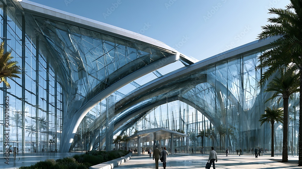 Fototapeta premium Modern architectural glass and steel terminal building with palm trees.