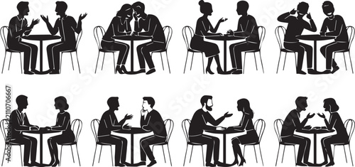 Set of eight black silhouette showing people sitting at tables, engaging in various conversations and social interactions